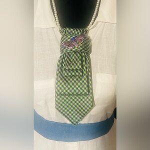 Green and Purple Checkered Tie with Brooch